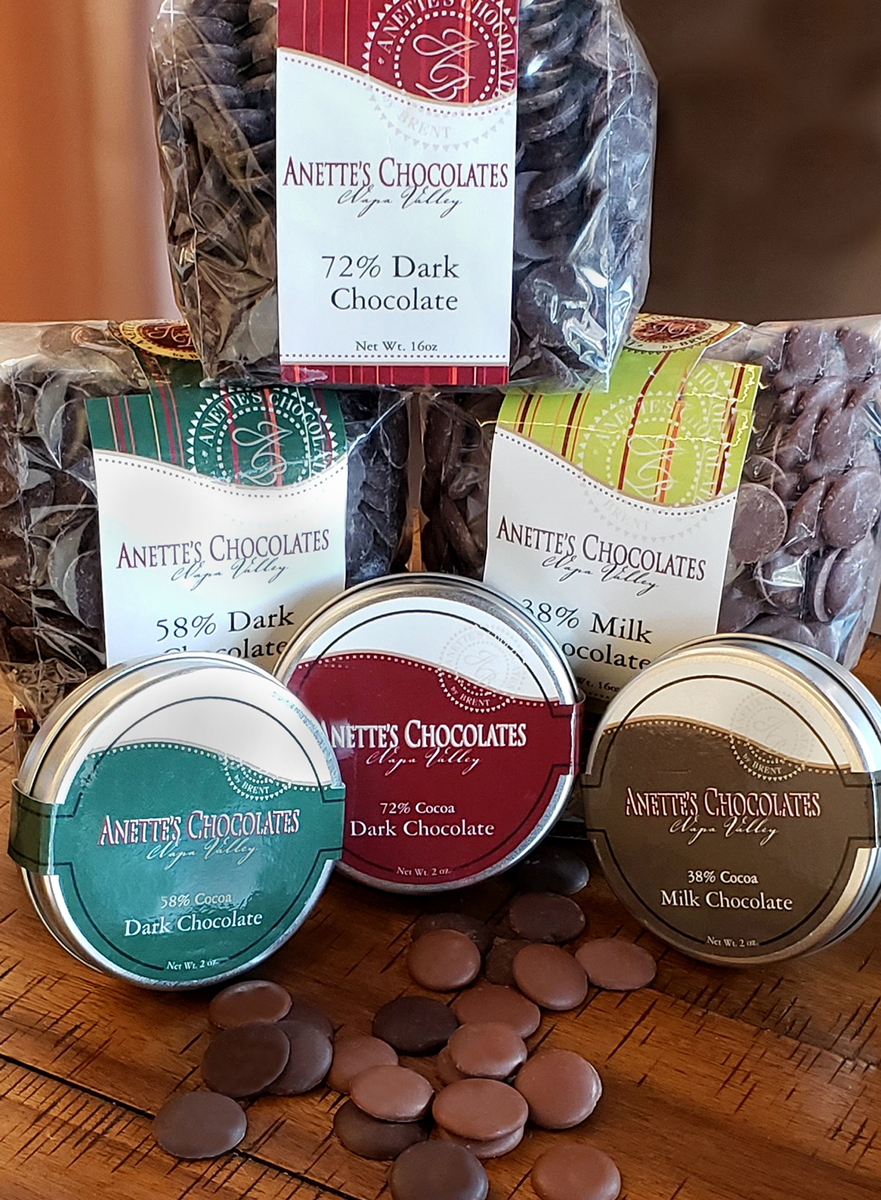 Chocolate Disks- 38%, 60%, 72% and Tins – Anette's Chocolate Factory