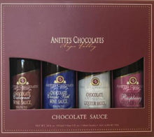 Load image into Gallery viewer, mini chocolate sauce gift pack 4 bottles, 5 ounces each, chocolate cabernet, chocolate classic port wine, chocolate amaretto, chocolate raspberry liqueur
